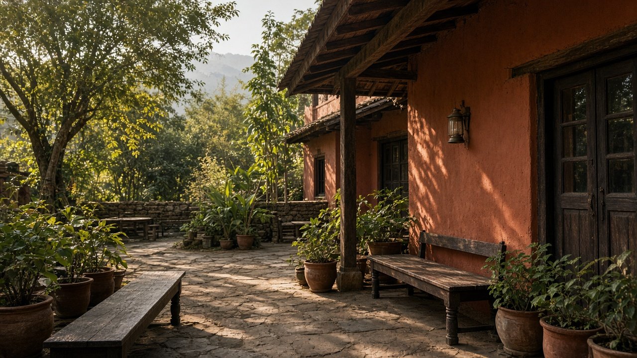 Empty courtyard with low seating in afternoon light