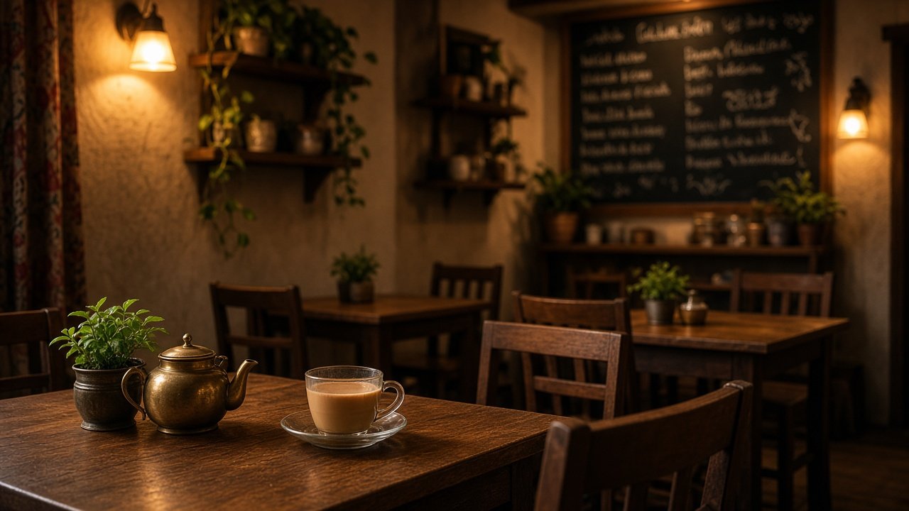 Evening tea room with low tables and warm lamps