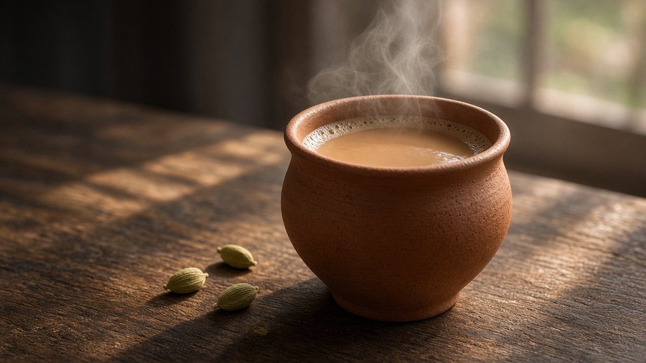 Clay cup of milk tea on a wooden counter