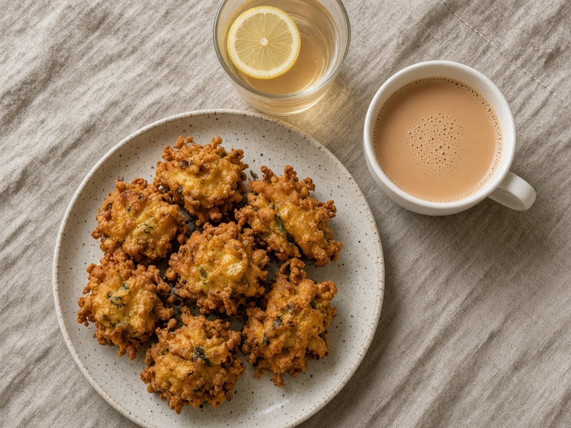 Pakoda and a glass of tea on a metal tray
